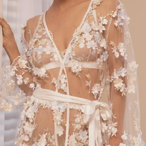 Floral Embroidered Sheer Robe - Cream - Picture 1 of 4